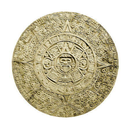 ancient aztec calendar isolated on white backgroundの写真素材