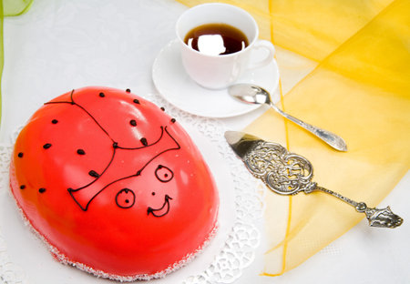 sweet ladybird cake with coffeeの写真素材