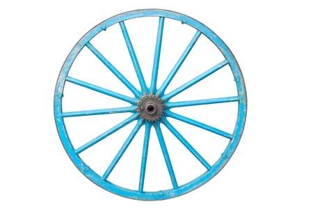 An old  blue wagon wheel - isolated on white backgroundの写真素材