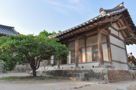 Korean Confucian Academy from Joseon Dynasty era. Courtyard with small tree and eastern dormitory. Byeongsan Seowon, Andong, South Korea.のeditorial素材
