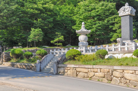 Korean buddhist temple from Silla Dynasty era. Tombs and relics garden outside the temple area. Haeinsa Temple, Mount Gaya, Gayasan National Park, South Korea.のeditorial素材