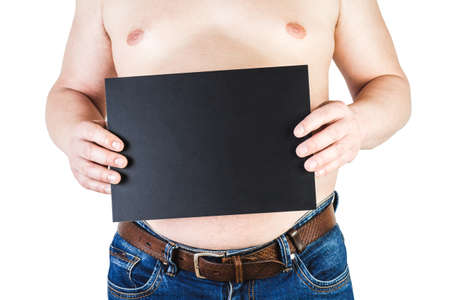 Thick stomach man holding a blackboard with the word work, isolated on white backgroundの写真素材