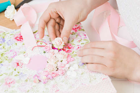 Homemade attributes of happiness (beautiful home production, fabric and paper), the process of creation, handcraft, wedding album. Scrapbooking, diy,の写真素材