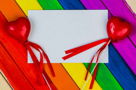 Trims in rainbow colors. Colorful wooden background. gay flag.の写真素材
