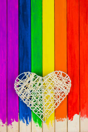 Trims in rainbow colors. Colorful wooden background. gay flag.の写真素材