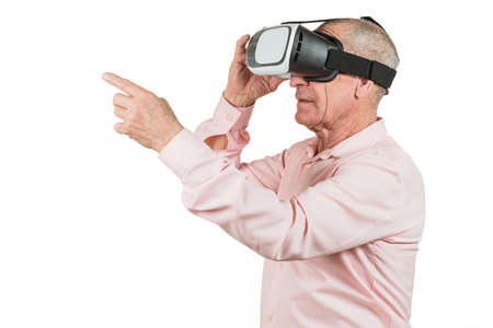 Grandfather is looking at the VR sunglasses, gestures with his hands, isolated on a white background