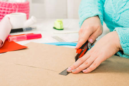 Handmade, the girl cuts out of paper. scrapbooking for a wedding or other holiday decorations. Tools...