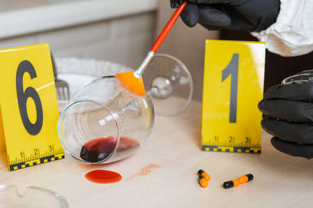 Trace found on the wine glass at the crime scene. Was found with powder and brushの写真素材