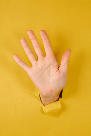 woman's ear through the torn yellow paper. gestureの写真素材