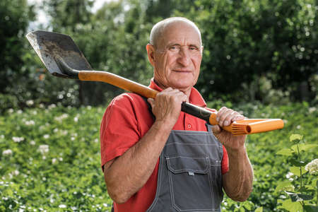 An adult male farmer posing with a shovel in the background of the farmの写真素材