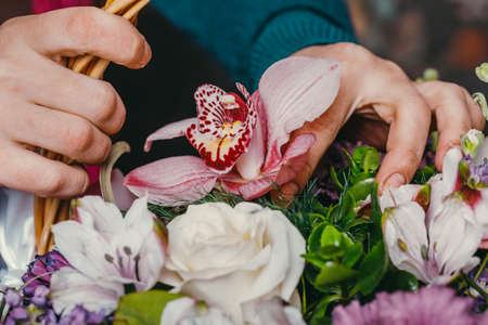 Florist at work makes a fashionable modern bouquet of different flowersの写真素材