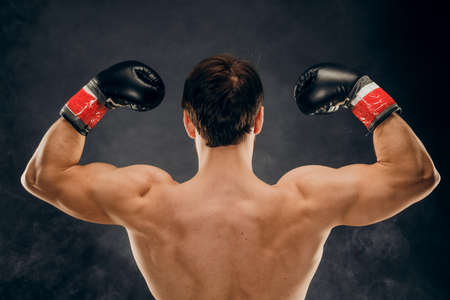 Back view of man boxer with raised hands in victory gesture. Concept of hard sport, glory and success.の写真素材