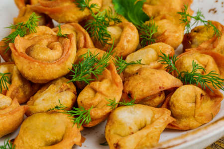 plate with fried pelmeni and sauce. russian cookery.の写真素材