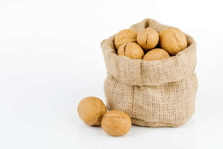 bag with walnuts isolated on white background.の写真素材