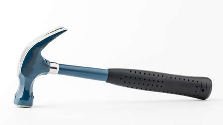 Blue hammer with a rubber handle on a white isolated background.