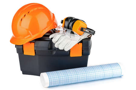 tool box with orange helmet and various hand tools.