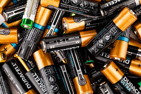 Russia Tambov 28.09.2020 used batteries from different manufacturers, waste, collection and disposal, high risk to the environmentのeditorial素材