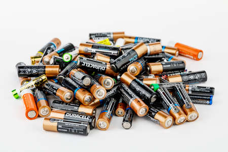Russia Tambov 28.09.2020 used batteries from different manufacturers, waste, collection and disposal, high risk to the environmentのeditorial素材