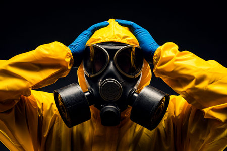 The concept of viral infection security. A man in a protective suit and gas mask.