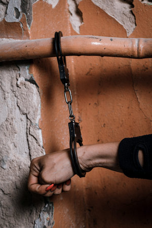 Close-up of hands in handcuffs, female prisoner, arrested woman in handcuffs. The concept of crime.