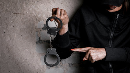 Close-up of hands in handcuffs, female prisoner, arrested woman in handcuffs. The concept of crime.の写真素材
