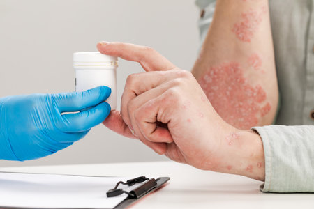 The dermatologist examines the skin of the patient the patient holds in his hands a cure for the belezney. Examination and diagnosis of skin diseases-allergies, psoriasis, eczema, dermatitisの写真素材
