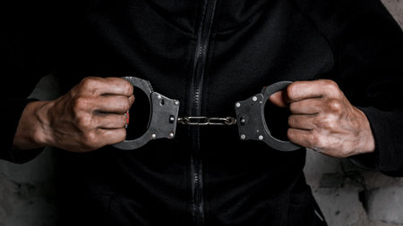 Close-up of hands in handcuffs, female prisoner, arrested woman in handcuffs. The concept of crime.