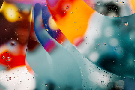 Close-up of the movement of oil droplets on the water surface. Colorful abstract macro background of...