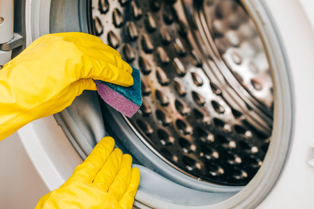 A man in yellow gloves cleans a dirty, moldy rubber seal on a washing machine. Mold, dirt, limescale...
