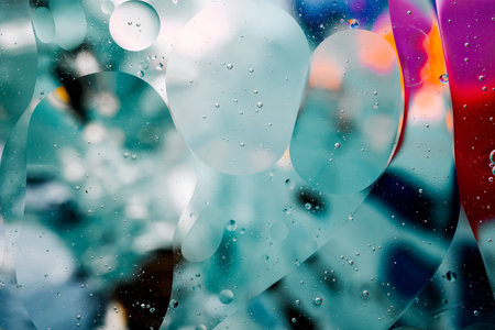 Close-up of the movement of oil droplets on the water surface. Colorful abstract macro background of oil drops on the water surfaceの写真素材