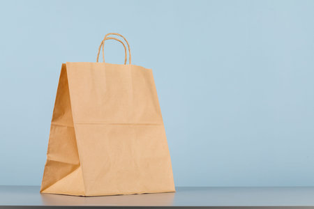 Brown paper bag with handles, empty shopping bag with area for your logo or design, food delivery...