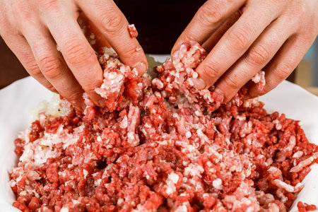 A man prepares minced pork or beef. Cooking concept.の写真素材