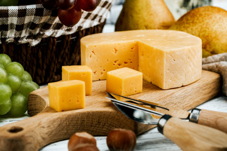 Cheese dish with organic cheeses, fruits, nuts on a wooden background. Delicious cheese snack.