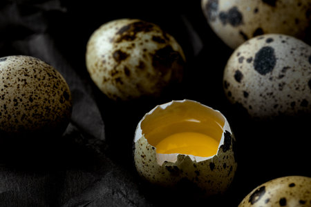 Quail eggs on a dark background for coloring