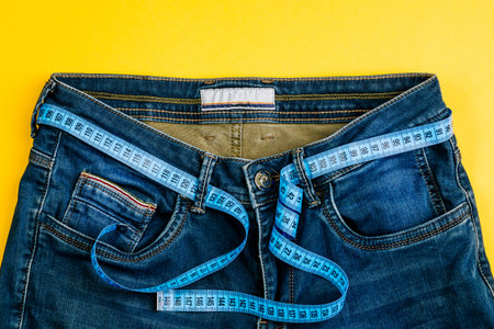 The concept of a healthy lifestyle and diet. Blue jeans with a blue measuring tape instead of a...