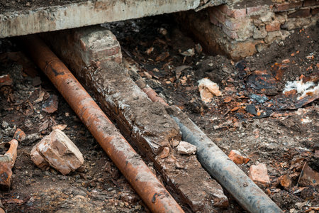 Repair of broken old rusty pipes of the water supply systemの写真素材