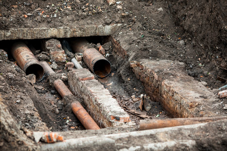 Repair of broken old rusty pipes of the water supply systemの写真素材