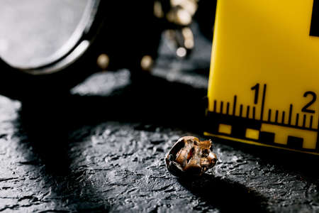 Evidence markers with a knife and a pistol magazine on the ground. A sign of an accident and murder at the scene of the crime. Police theme.の写真素材