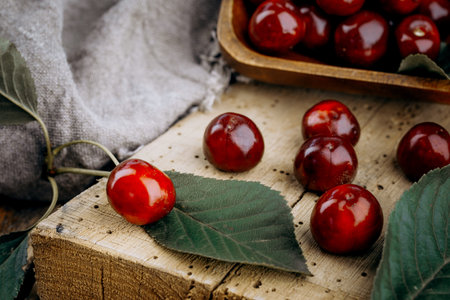 Ripe red cherries on a wooden table.