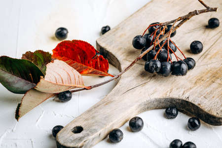 Chokeberry (Aronia melanocarpic) on a wooden tableの写真素材