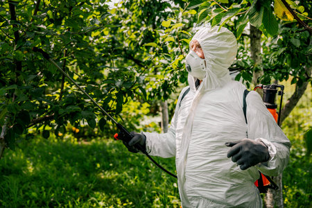 The topic of industrial agriculture. A person sprays toxic pesticides or insecticides on a...