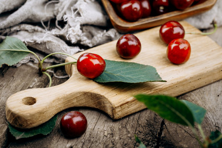 Ripe red cherries on a wooden table.の写真素材
