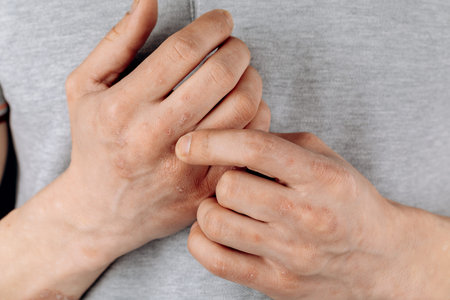Close-up of men's hands with dry skin damage. The concept of dermatology is human hands with skin...