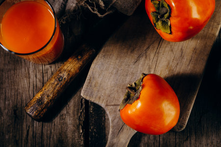 A group of ripe orange persimmon fruits.Persimmon fruits on a wooden board, rustic background.の写真素材