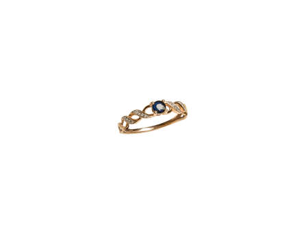 jewellery golden ring with one dark blue diamond isolated on white backgroundの写真素材