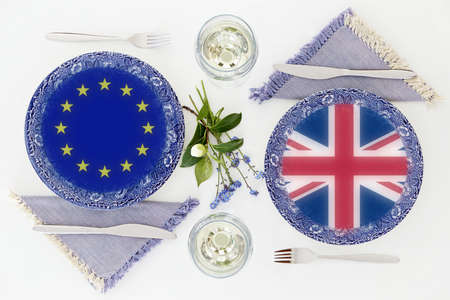 EU and UK flags on platesの写真素材
