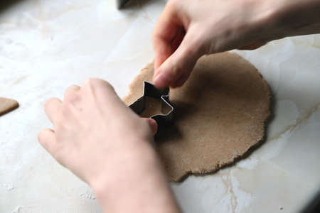 dog shaped gingerbread cookie on pastry with handsの写真素材