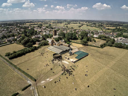 Aerial view on Tarvin, cow farm and dry weatherの写真素材