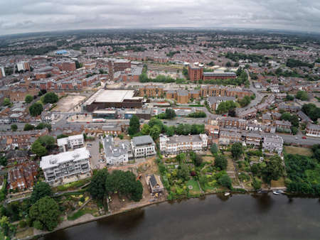Aerial viewon Chester, river, glass building, apartments and trafficの写真素材