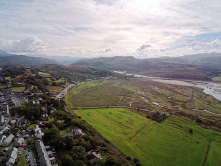 Aerial view, Drone panorama of Penrhyndeudraeth bay during low tide in Walesの写真素材